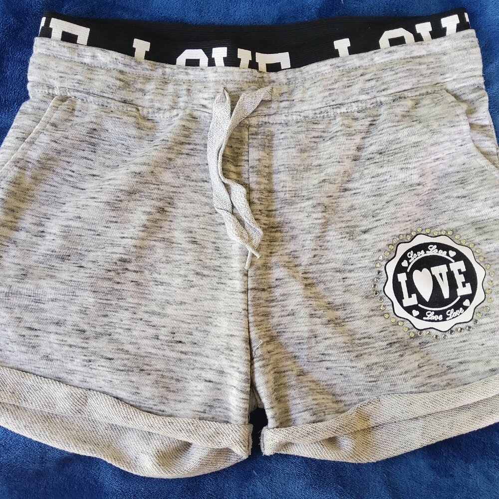 Cozy Heather Grey Sweat Shorts with Black Graphic Logo Waistband Accent Patch